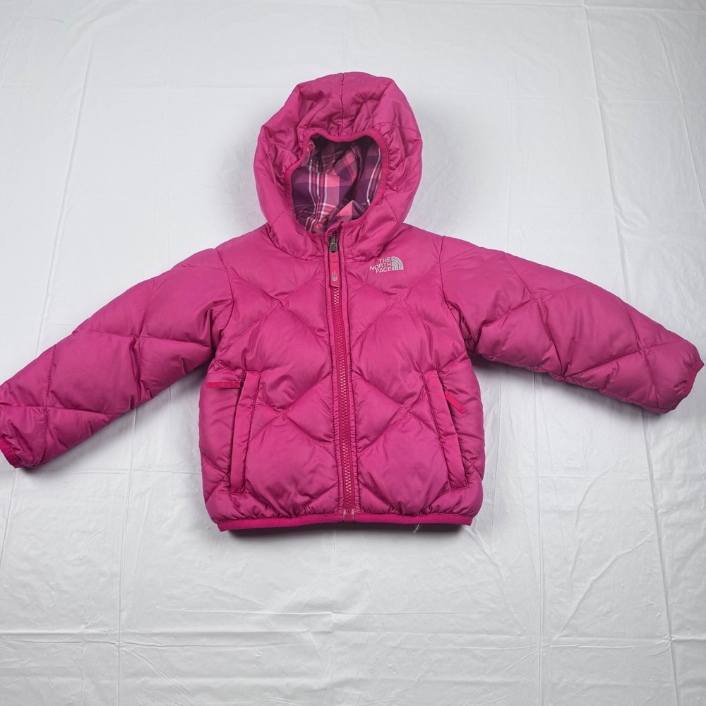 The North Face Toddler 2T Reversible Down Puffer Jacket Pink Plaid Hooded Coat